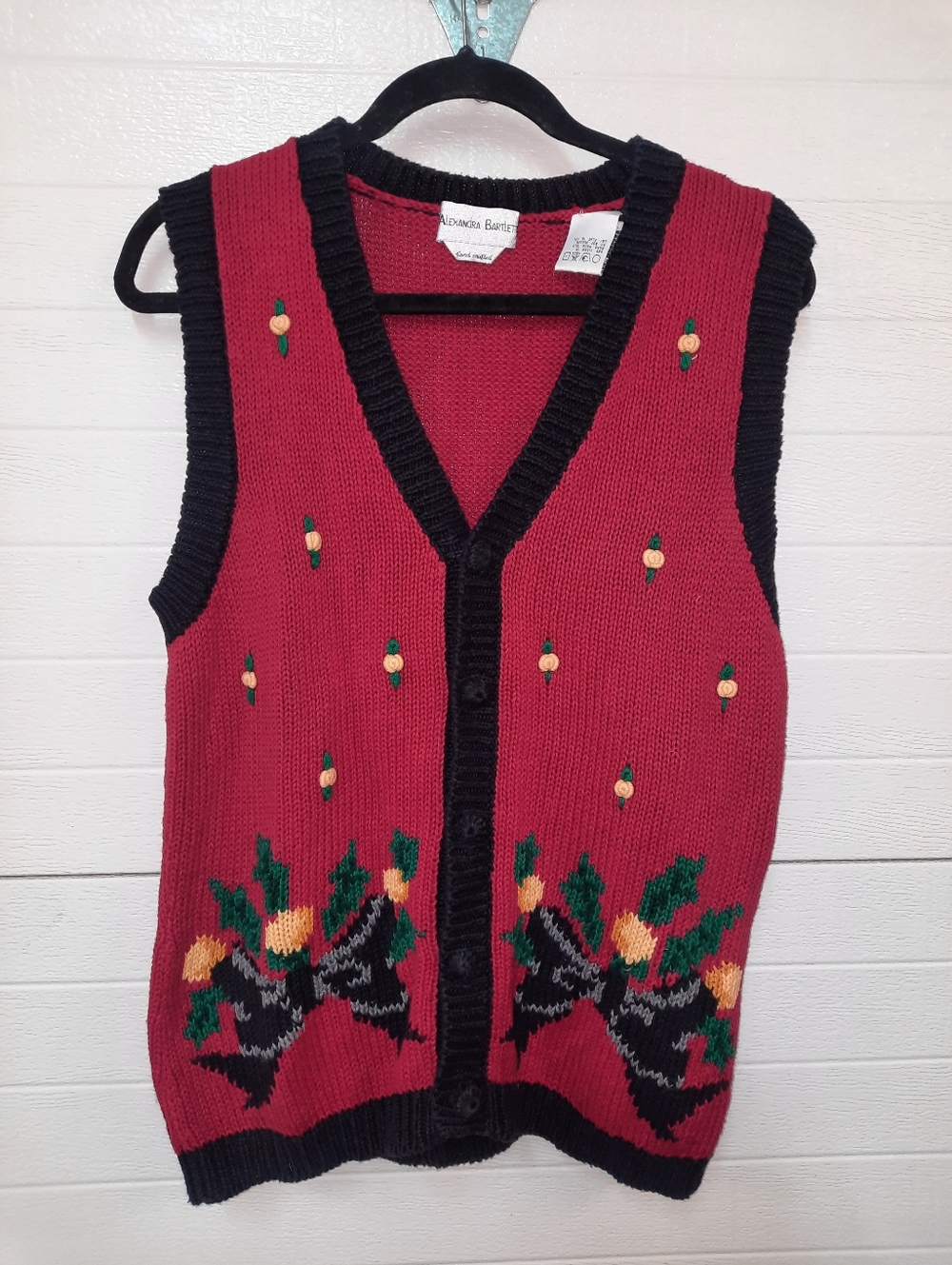 Vintage Style Alexandra Bartlett Red Knit Vest with Black Trim and Bow Motif